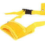 Adjustable pet bite-preventing mask, yellow with black buckle strap