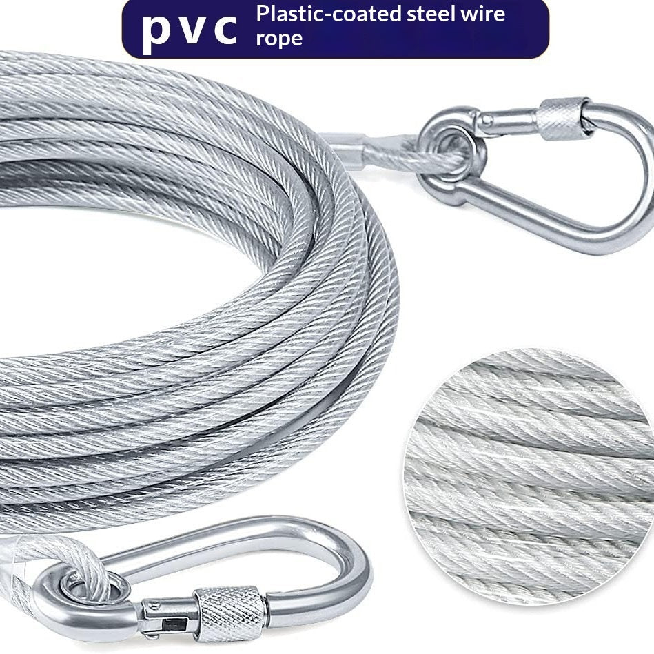 Gray PVC-coated steel wire rope dog leash with metal carabiner and hook clips