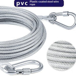 Gray PVC-coated steel wire rope dog leash with metal carabiner and hook clips