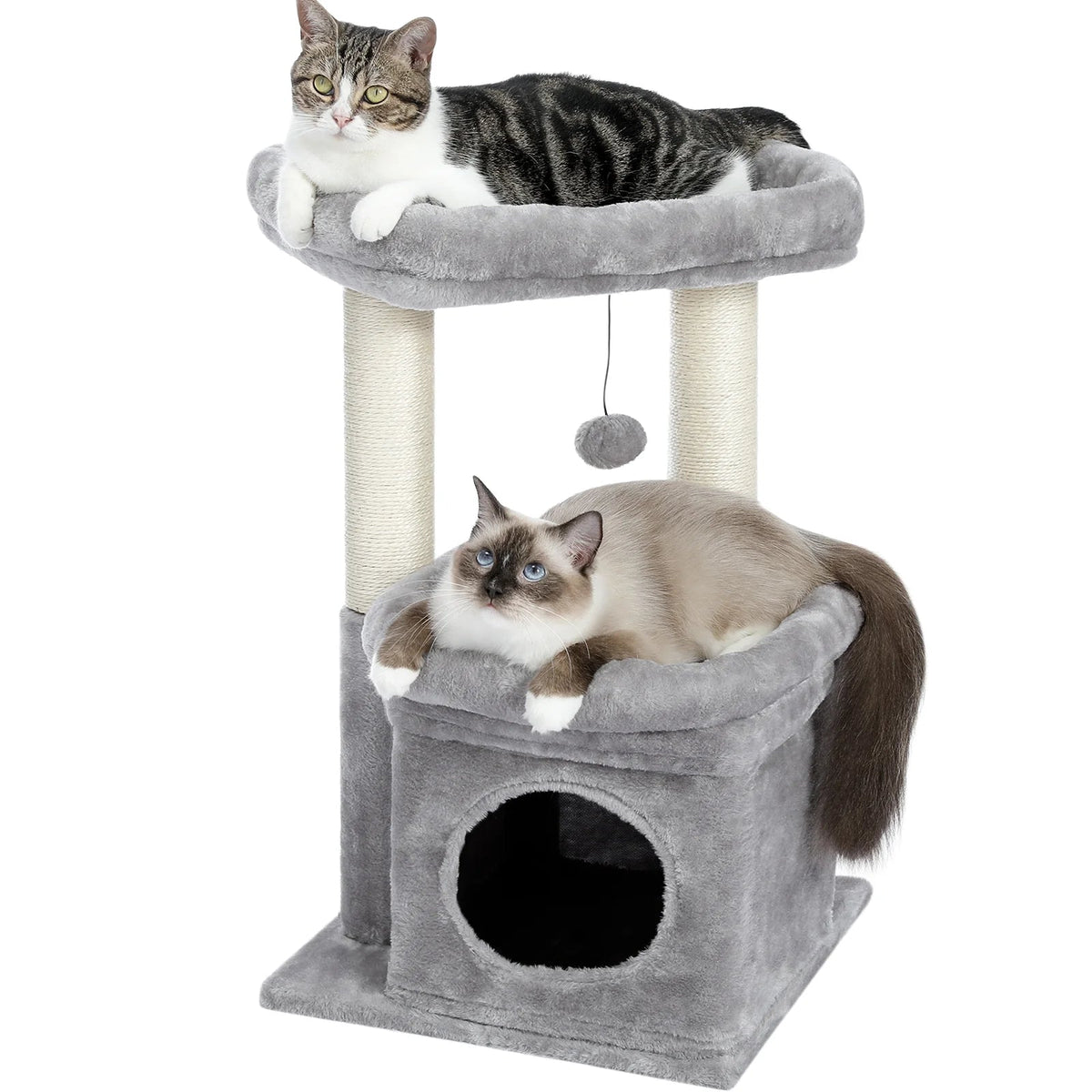 Gray multi-level cat tree condo with plush top perch and cube hideout with hanging ball