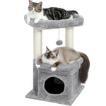 Gray multi-level cat tree condo with plush top perch and cube hideout with hanging ball