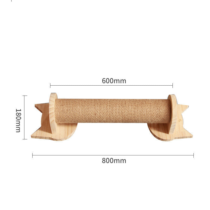 Sisal-wrapped scratching roller on a wooden wall-mounted base