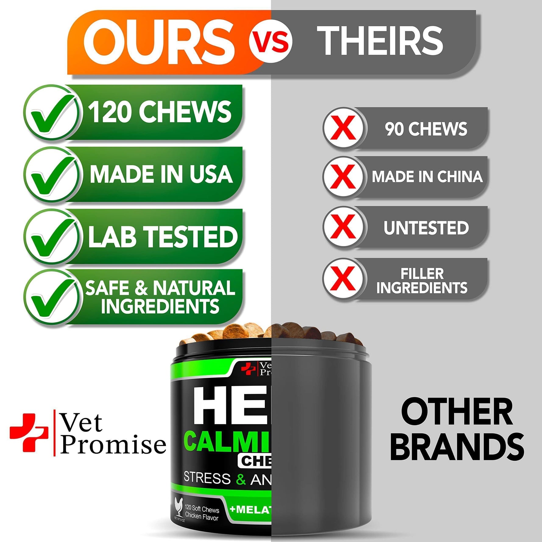 Hemp calming chews comparison chart with black tub and 120-chews, made-in-USA notes