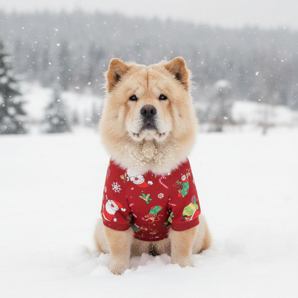 Pet sweater, red knit with small holiday prints, no hood, four-leg design