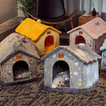 Yellow plush pet house bed with front opening and soft removable roof cover