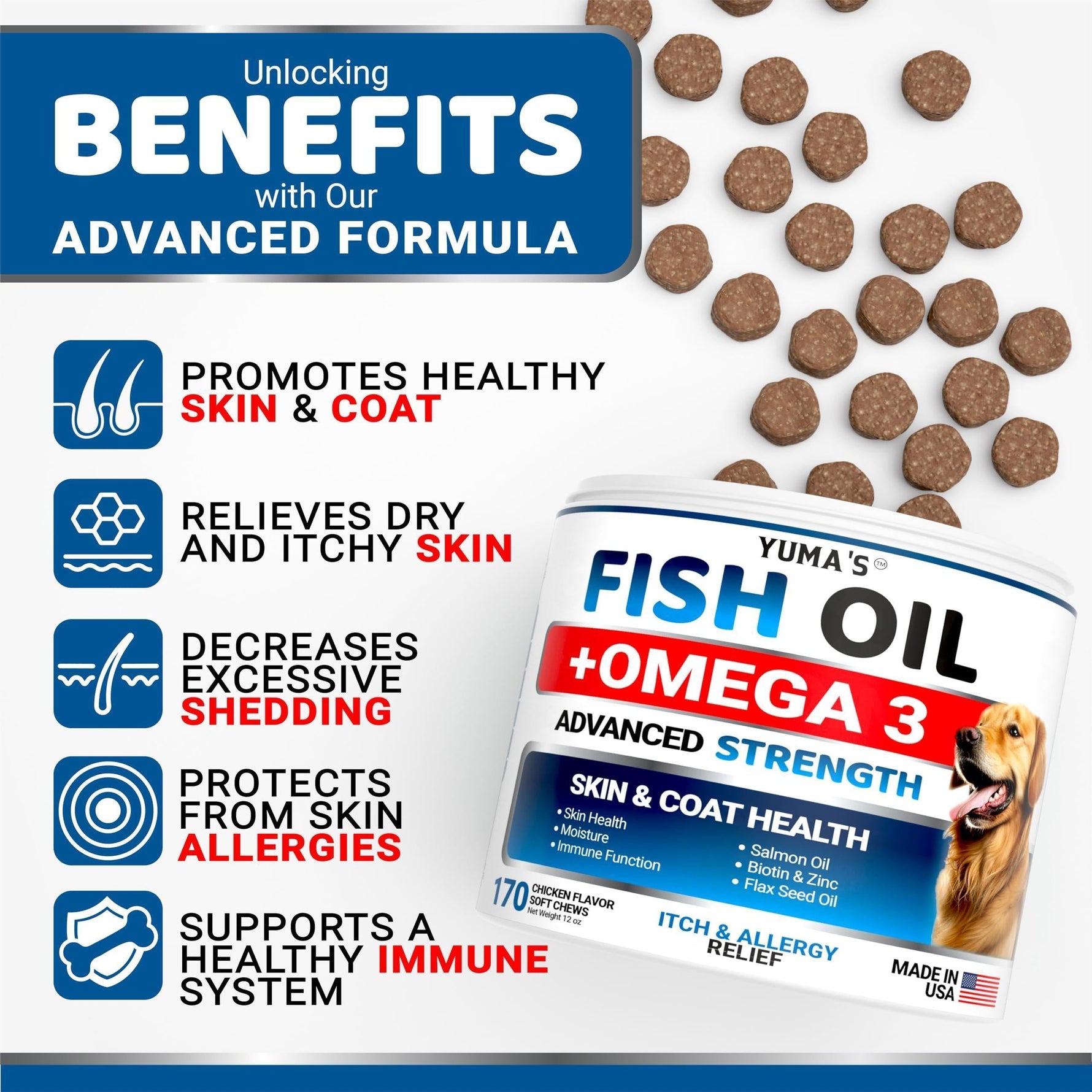 Yuma's Fish Oil +Omega 3 advanced formula dog chews with benefits for healthy skin