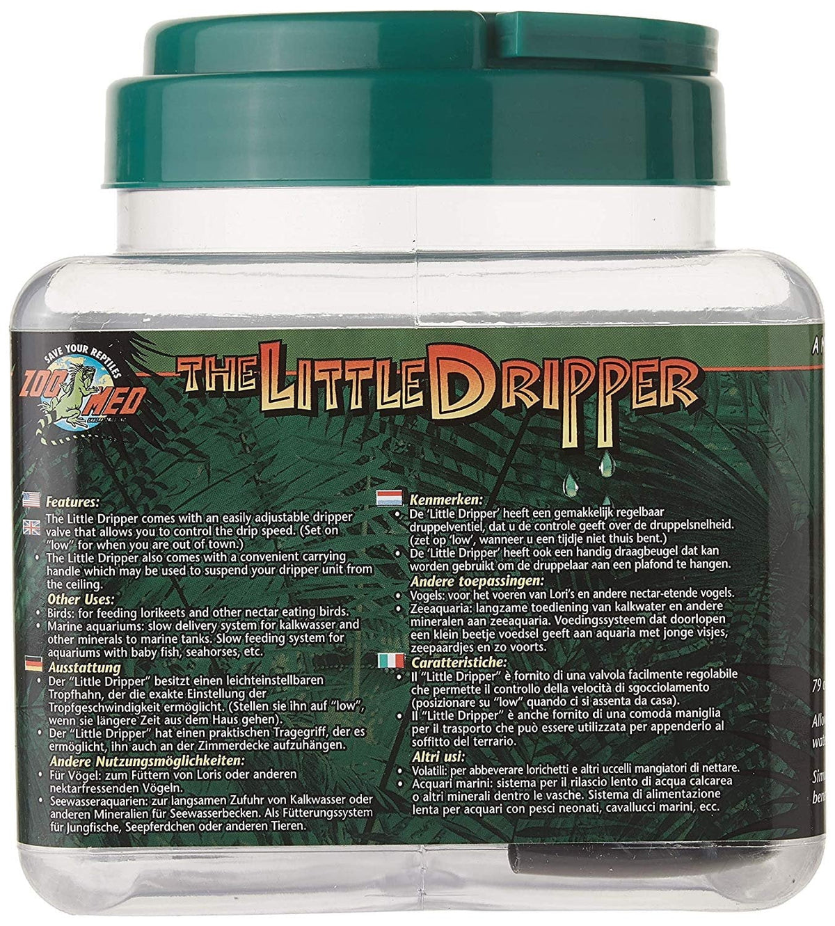 Reptile drip watering bottle side label with features and Zoo Med logo