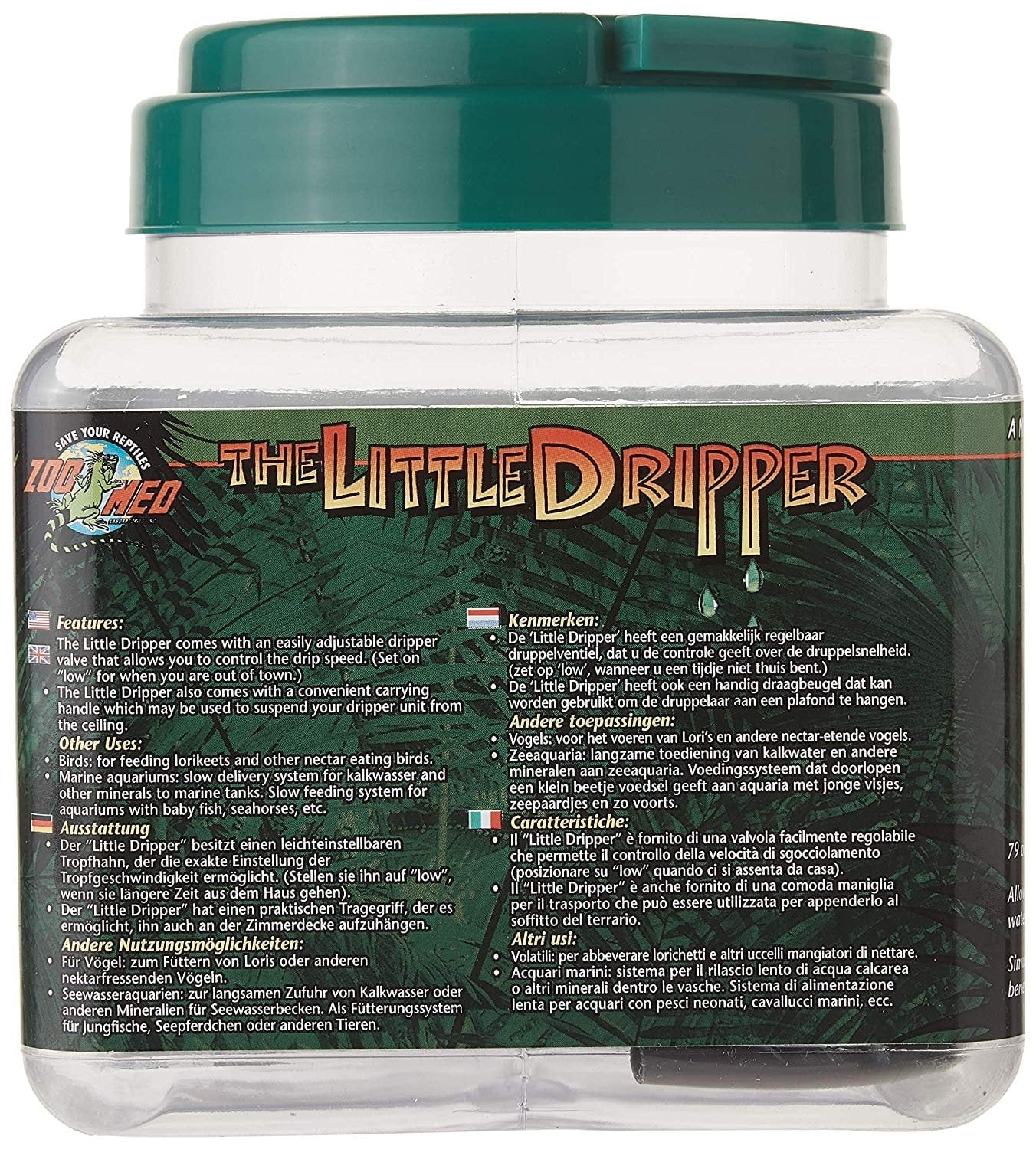 Reptile drip watering bottle side label with features and Zoo Med logo