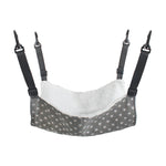 Cat cage hanging hammock bed with gray star print and plush white lining, four straps