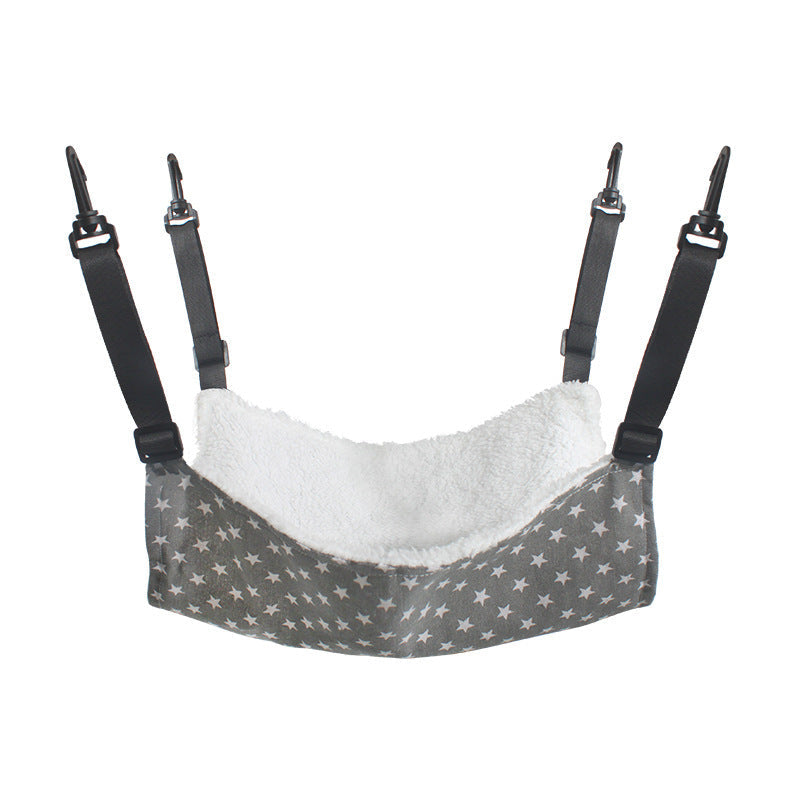 Cat cage hanging hammock bed with gray star print and plush white lining, four straps