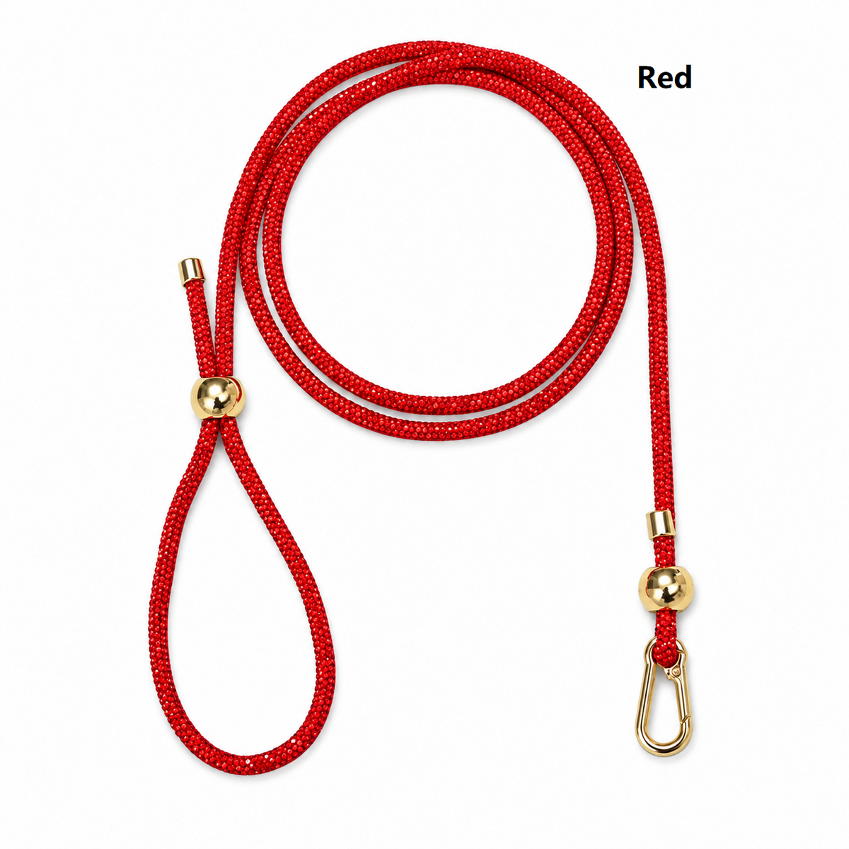 Red rhinestone dog slip leash with gold clasp and loop handle, adjustable rope.