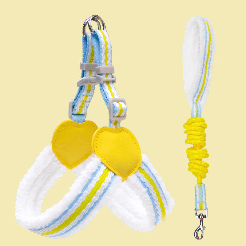 Yellow heart chest dog harness vest with breathable straps and coiled walking leash