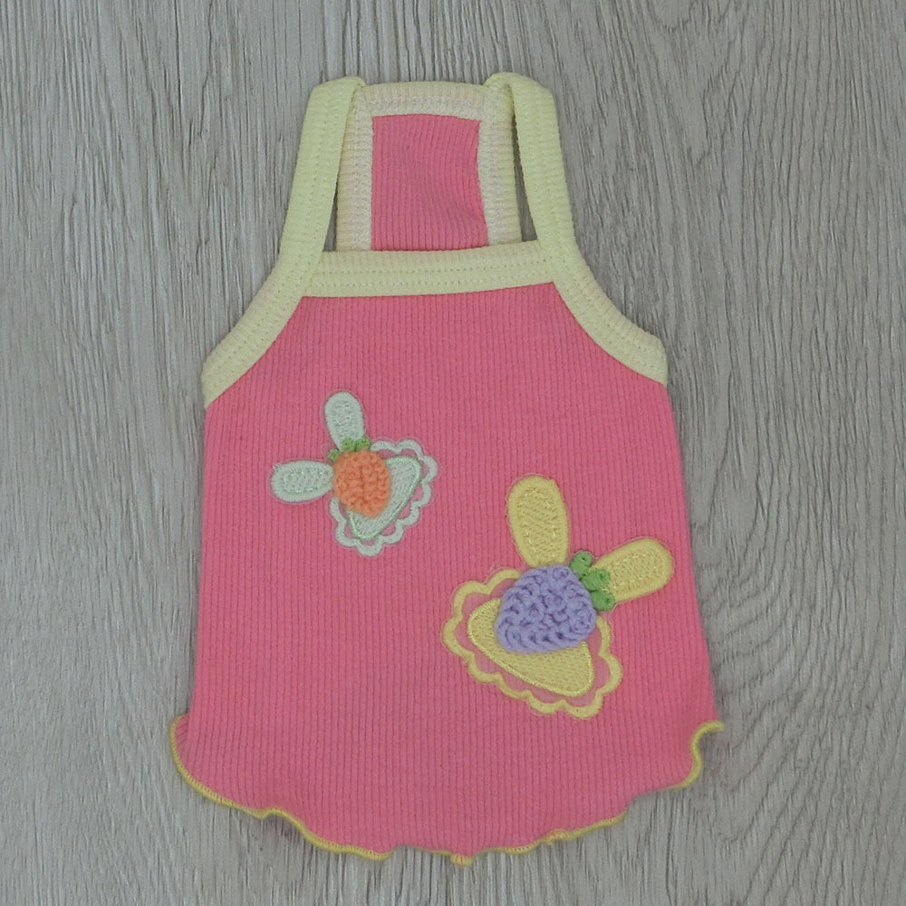 Pink cotton suspender pet vest with light yellow trim and embroidered flower appliques