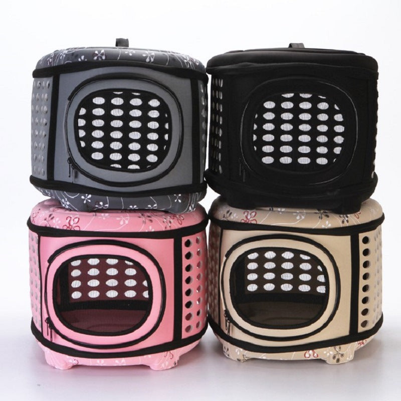 Four foldable pet carrier handbags in gray, pink, beige, and black with mesh windows