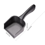 Black plastic cat litter scoop with perforated tray and long handle, side view