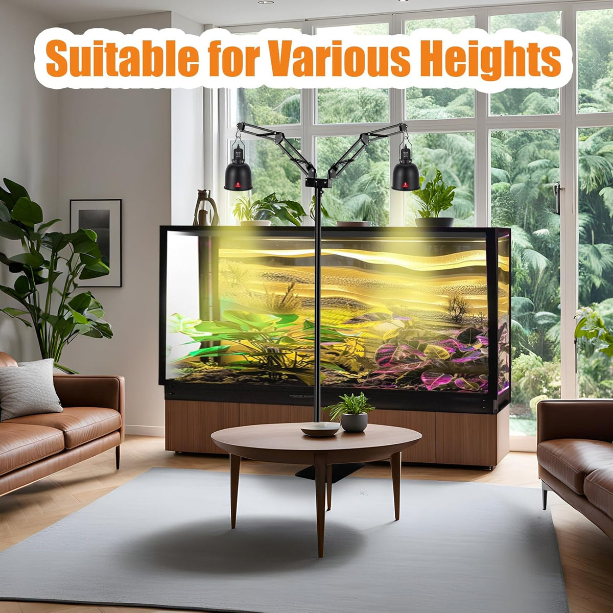 Adjustable dual-arm lamp stand with two black heat bulbs on a tall black base pole