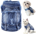 Blue denim pet jacket with frayed trim, button front, and stitched chest pocket detail