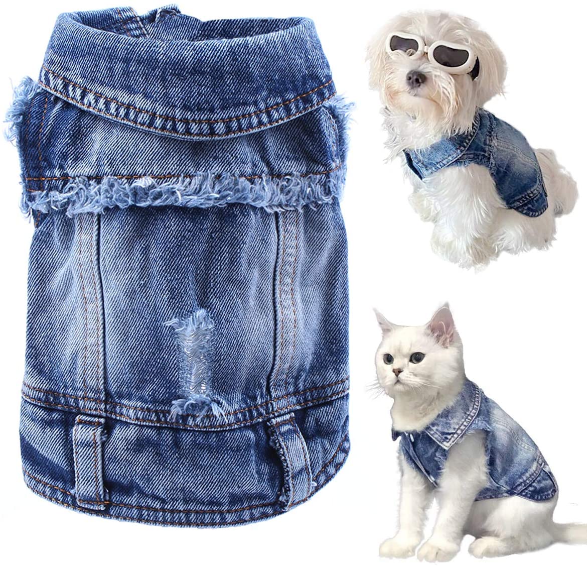 Blue denim pet jacket with frayed trim, button front, and stitched chest pocket detail