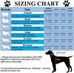Dog denim jacket sizing chart: neck, chest, and back length by breed and size