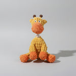 Plush squeaky giraffe dog toy in orange with brown horns and round ears.