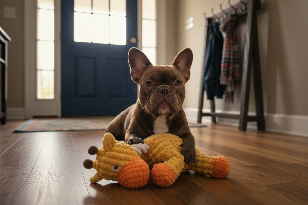 Plush squeaky animal dog toy in orange-brown with round snout and long legs.