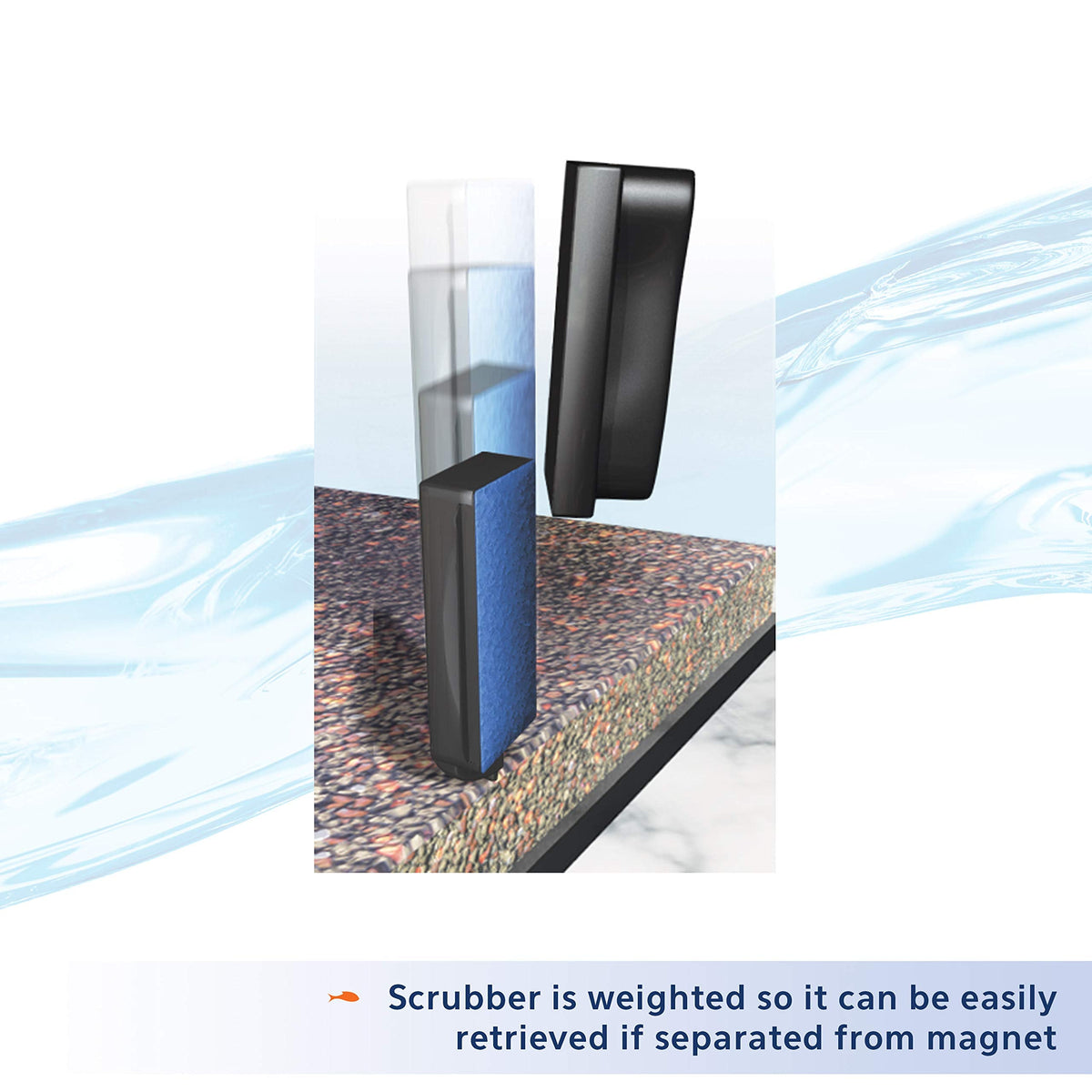 Weighted magnetic aquarium scrubber with blue acrylic pad and separated magnet
