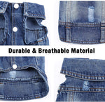 Denim pet jacket close-up: snap buttons, chest flap pockets, and frayed trim