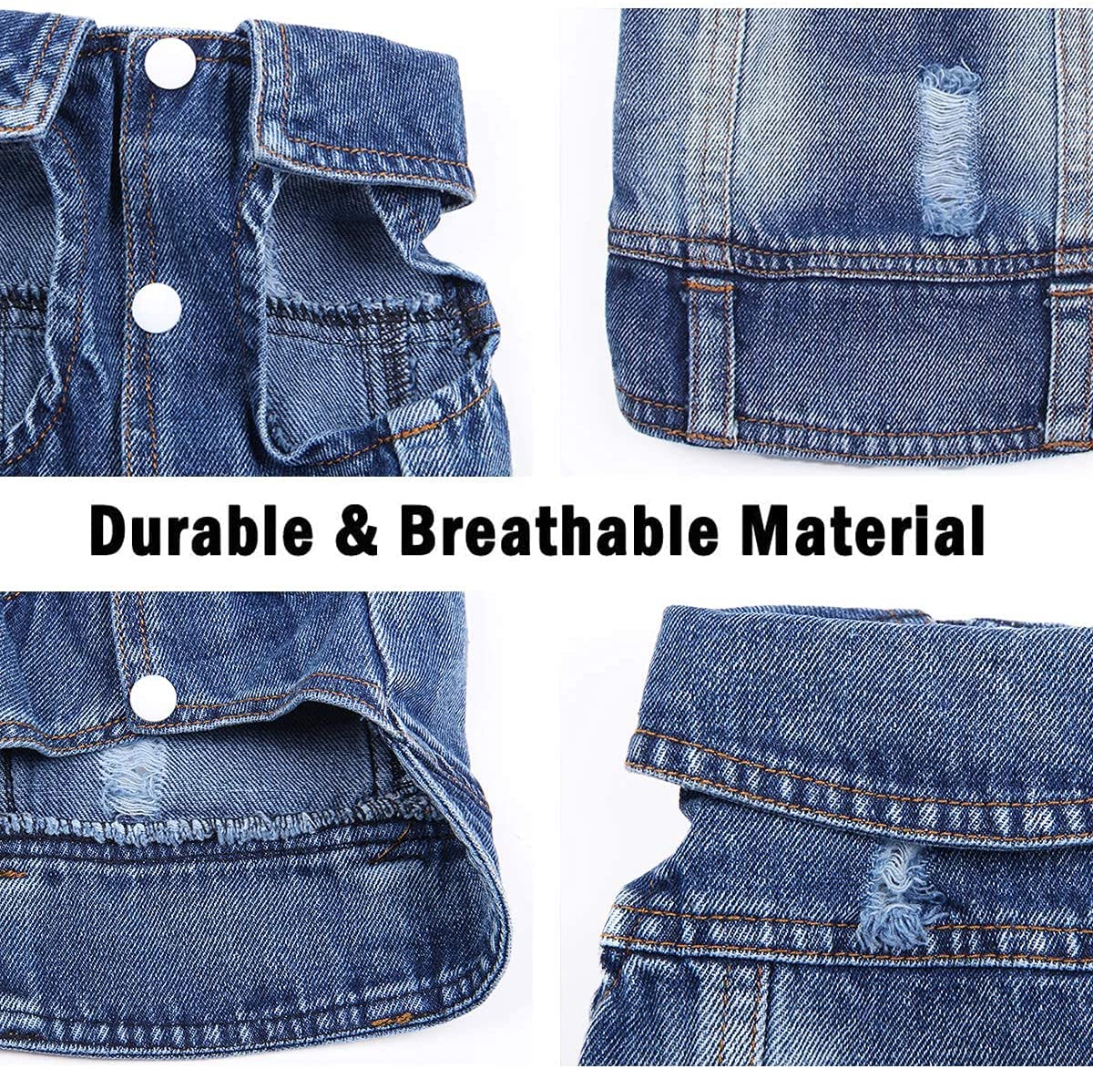 Denim pet jacket close-up: snap buttons, chest flap pockets, and frayed trim
