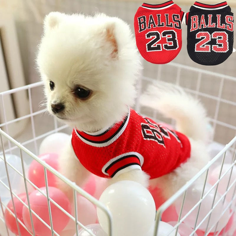 Red pet mesh basketball jersey with striped collar and “BALLS 23” number graphic