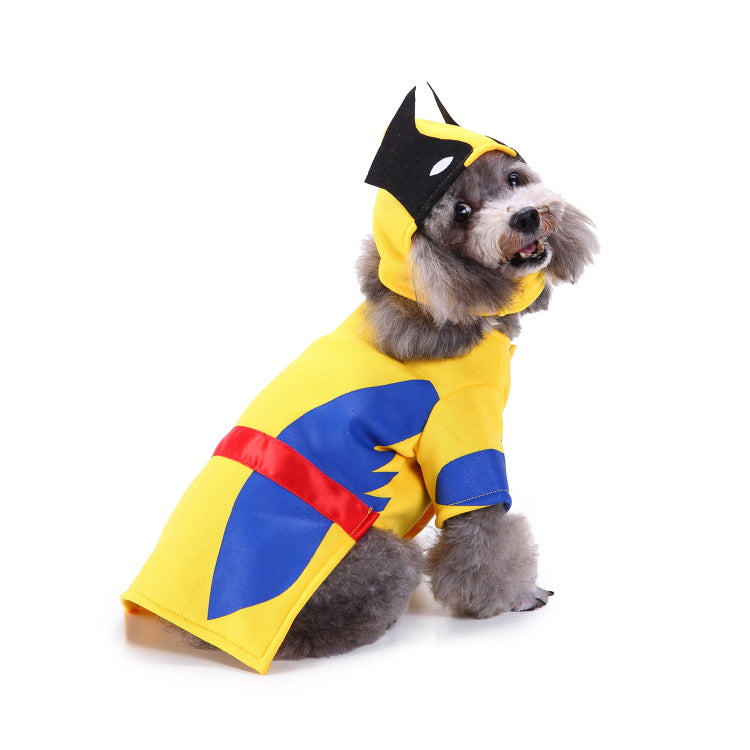 Superhero dog costume with yellow-and-blue jumpsuit and black-and-yellow head mask