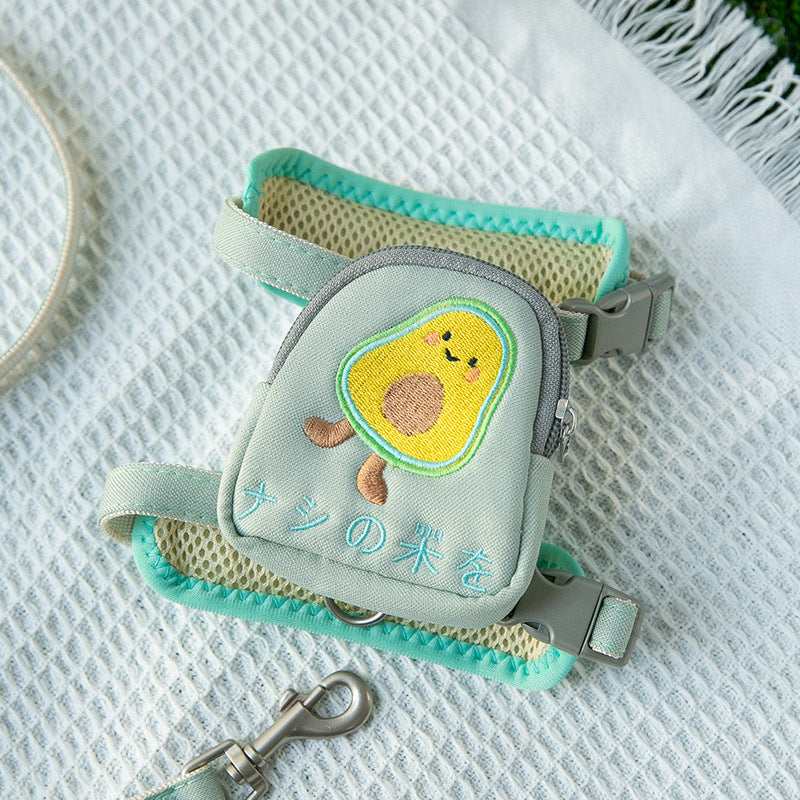 Turquoise cat traction rope harness with avocado cartoon patch and metal leash clip