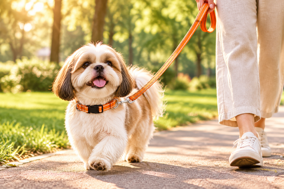 Orange dog collar and matching leash held by a handler outdoors