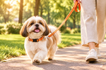 Orange dog collar and matching leash held by a handler outdoors