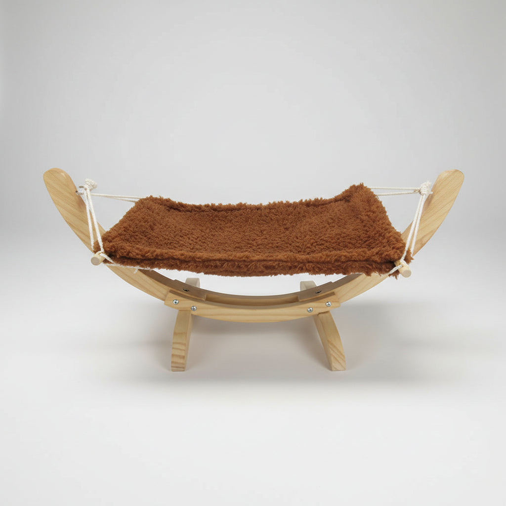Cat hammock wooden bed with brown fabric sling and wooden legs