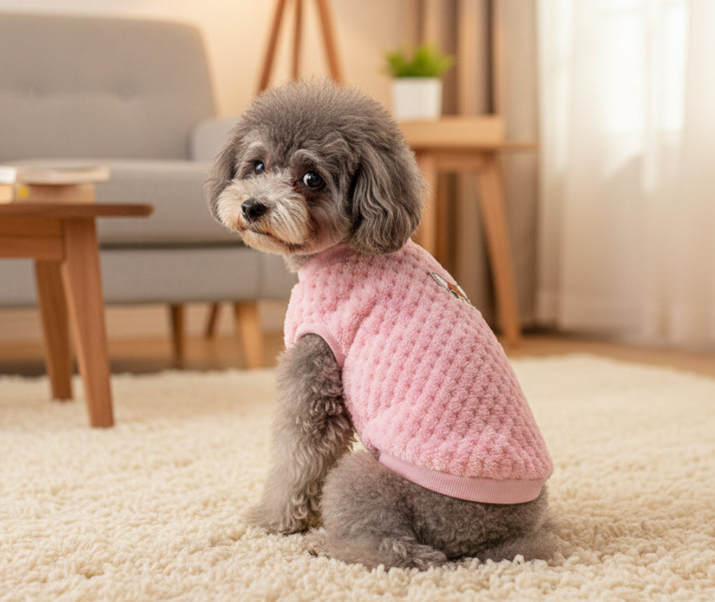 Pink pet sweater with ribbed hem and cat graphic, worn by small dog
