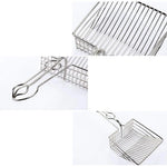 Metal cat litter shovel scoop with wire mesh tray and loop handle, side angles shown