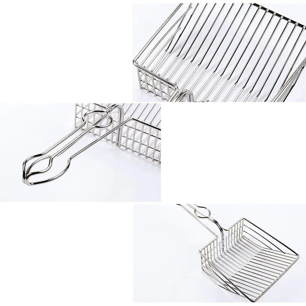 Metal cat litter shovel scoop with wire mesh tray and loop handle, side angles shown