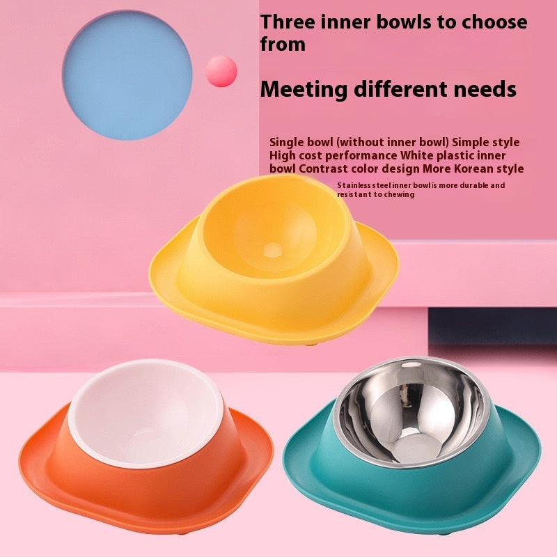 Tilted pet food bowl with three base colors: orange, yellow, light blue