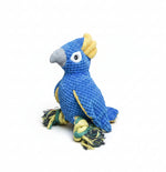 Blue rope-knit parrot plush pet toy with yellow beak and embroidered eye