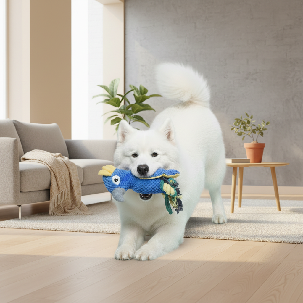 Blue and beige rope-knit fish plush pet toy with braided rope tail
