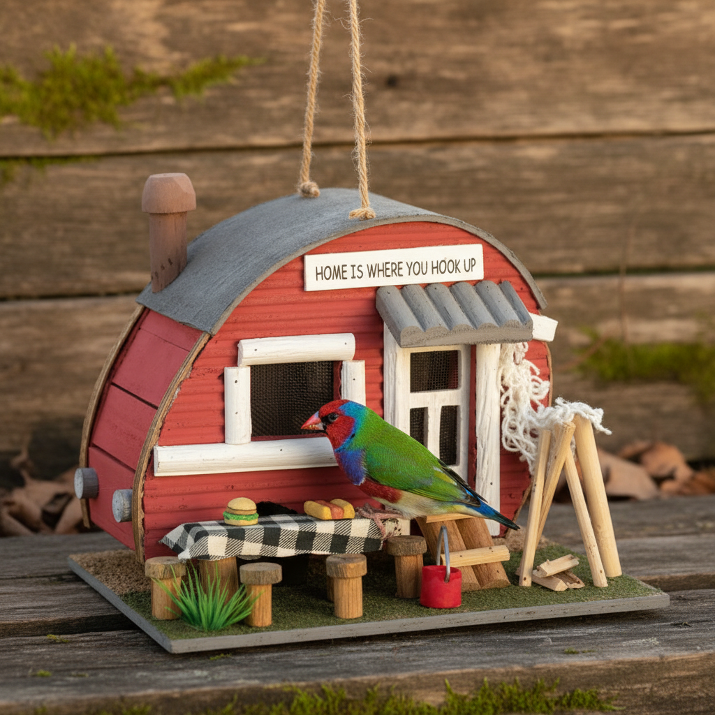Red trailer birdhouse with awning, porch details, and green bird at the door