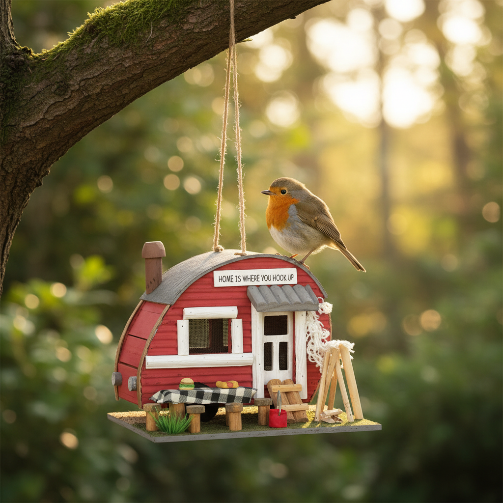 Red trailer birdhouse hanging outdoors with orange bird perched on roof edge