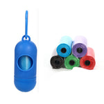 Blue pet waste bag dispenser plus assorted bag roll colors: light blue, purple, green, red, black