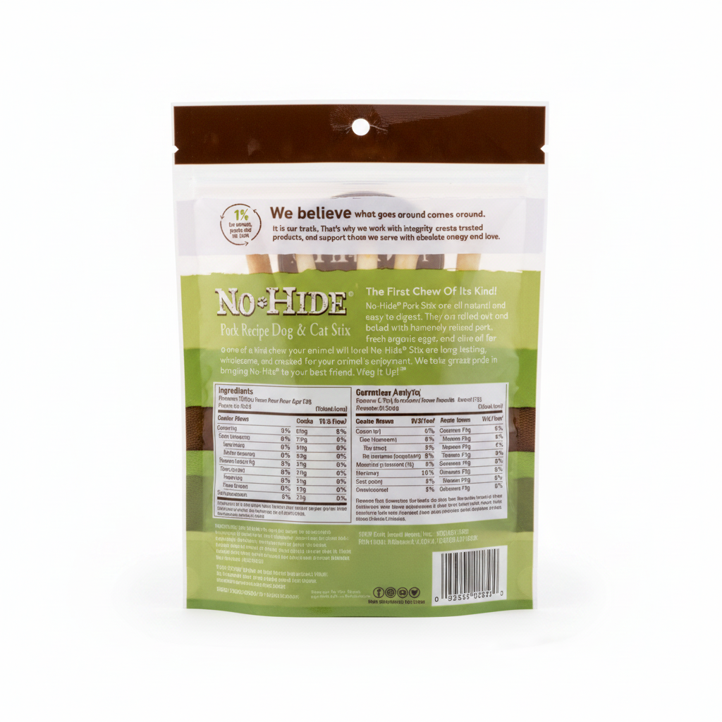 No-Hide pork chew sticks pouch back with ingredient and feeding information panel