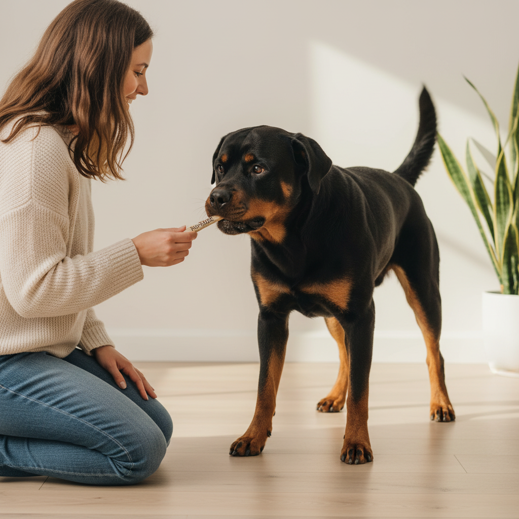 Dog receiving a chew stick treat offered by a person