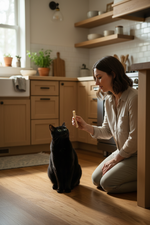 Chew stick treat held near a seated black dog