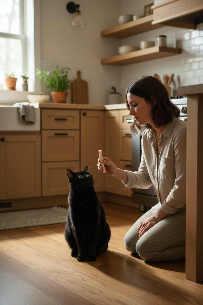 Chew stick treat held near a seated black dog