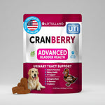 Cranberry UTI dog supplement pouch labeled Advanced bladder health, urinary tract support.