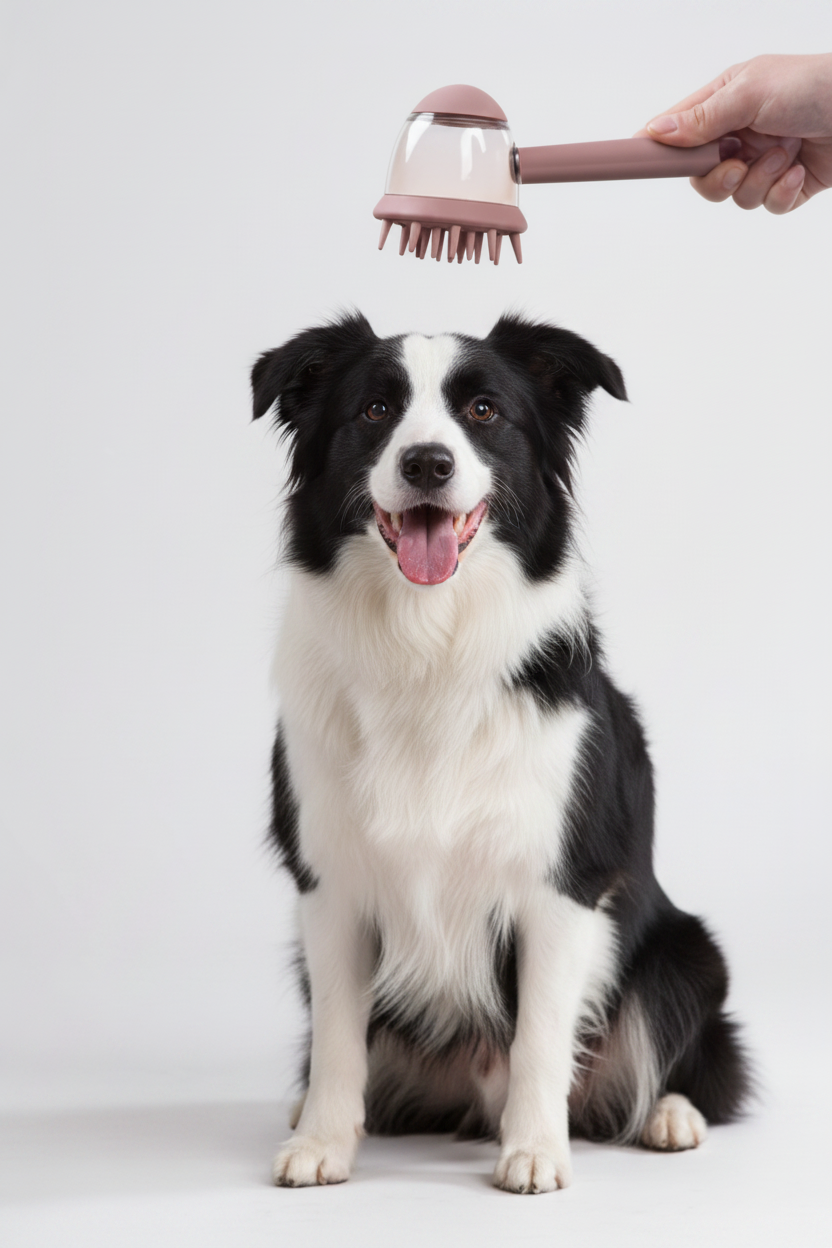 Pet bath brush with massage comb, held above black-and-white dog