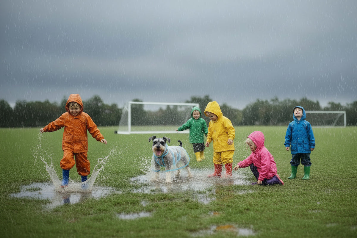 Waterproof pet raincoat for dogs on a dog, blue with hood and front fasteners in rain
